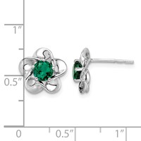 Sterling Silver Rhodium-plated Floral Created Emerald Post Earrings view 4