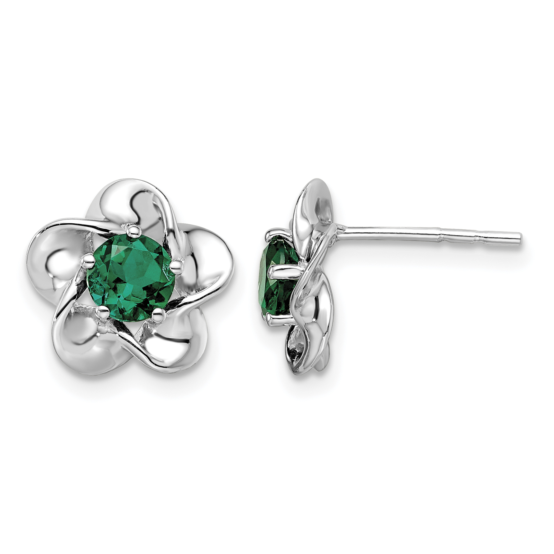 Sterling Silver Rhodium-plated Floral Created Emerald Post Earrings (QBE31MAY)