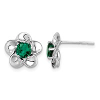 Sterling Silver Rhodium-plated Floral Created Emerald Post Earrings view 1