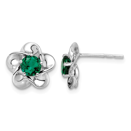 Sterling Silver Rhodium-plated Floral Created Emerald Post Earrings