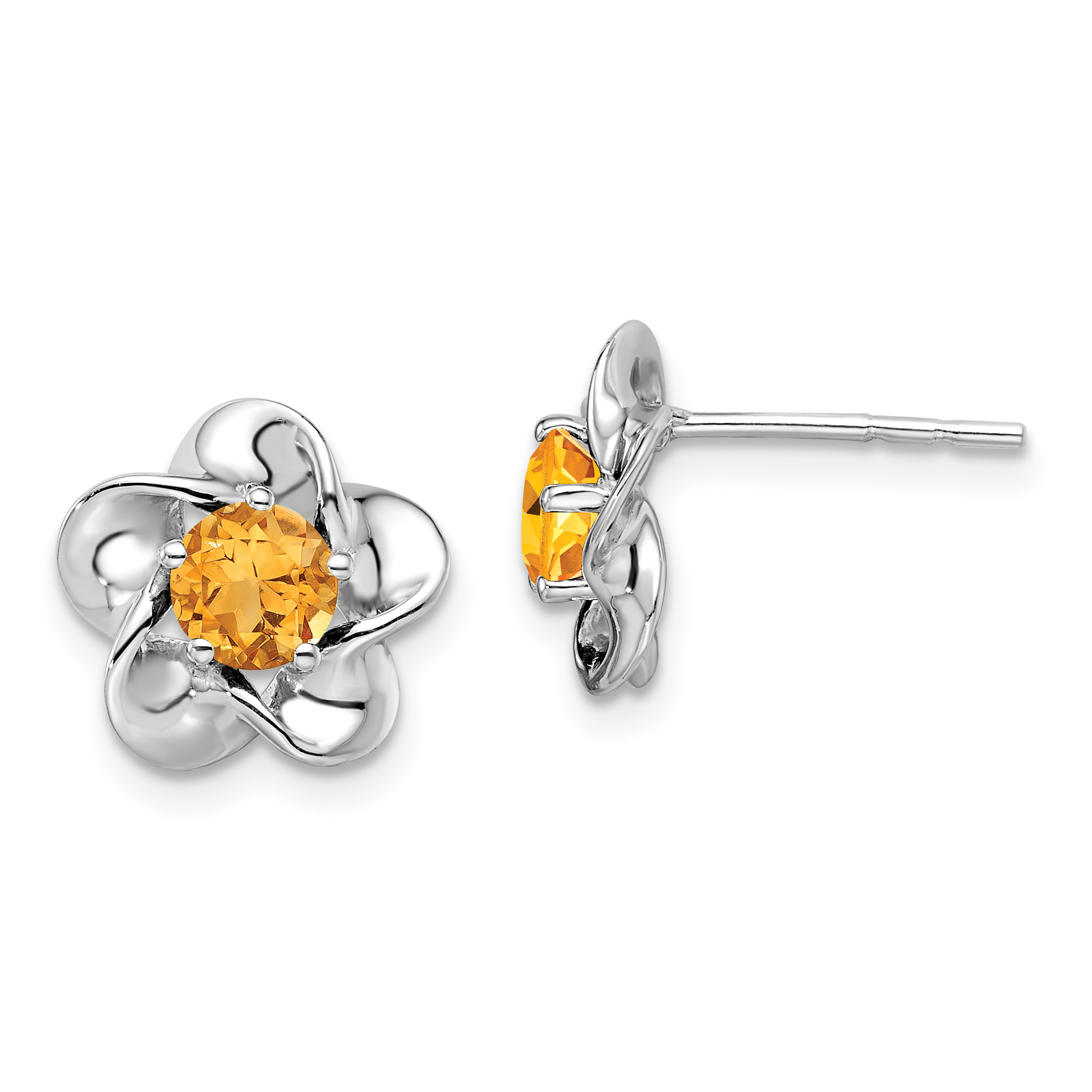 Sterling Silver Rhodium-plated Floral Citrine Post Earrings (QBE31NOV)