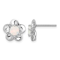 Sterling Silver Rhodium-plated Floral Created Opal Post Earrings view 1
