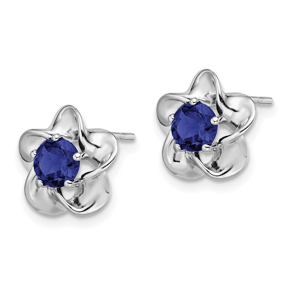 Sterling Silver Rhodium-plated Floral Created Sapphire Post Earrings (QBE31SEP)