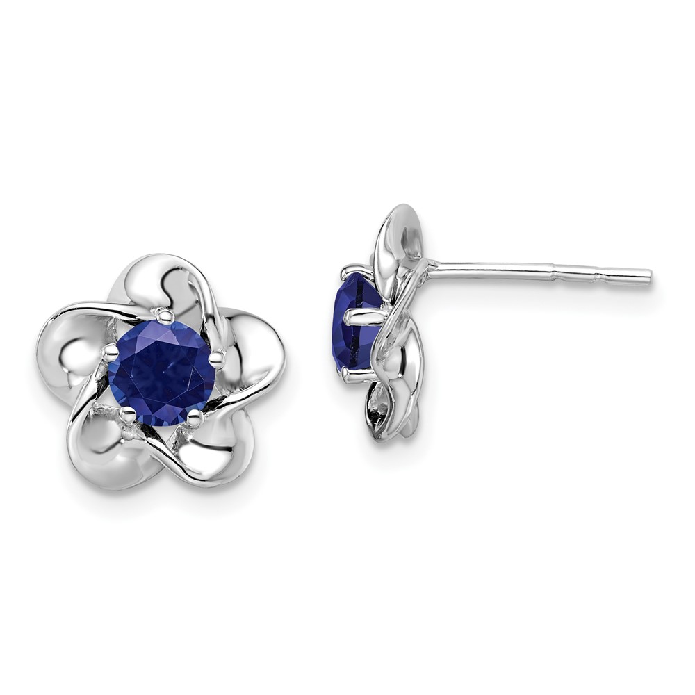 Sterling Silver Rhodium-plated Floral Created Sapphire Post Earrings (QBE31SEP)