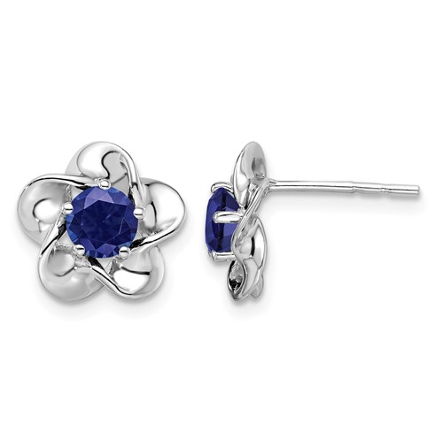 Sterling Silver Rhodium-plated Floral Created Sapphire Post Earrings