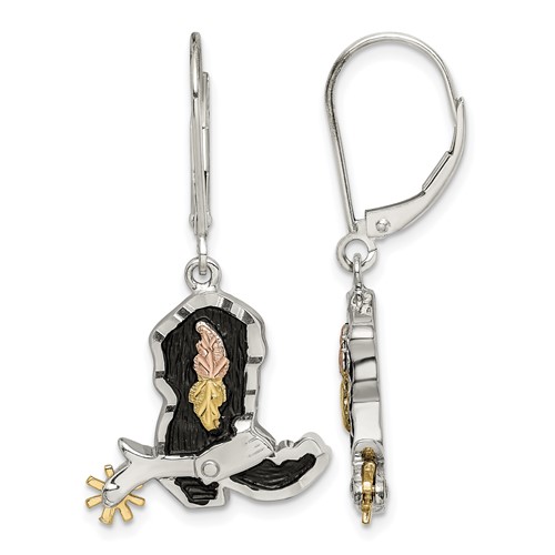 Landstrom's Mt. Rushmore Black Hills Sterling Silver 12K Gold Accents Antiqued Cowboy Boot Earrings with 10K Spur Dangle Leverback