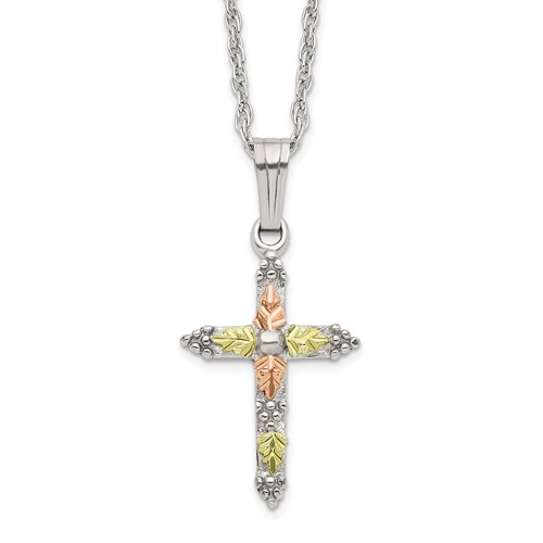 Landstrom's Mt. Rushmore Black Hills Sterling Silver 12K Gold Accents Cross Spring Ring Clasp Necklace, 18"