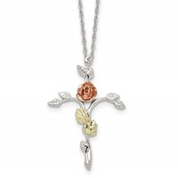 Landstrom's Mt. Rushmore Black Hills Sterling Silver 12K Gold Accents Floral Cross Spring Ring Clasp Necklace, 18" view 1