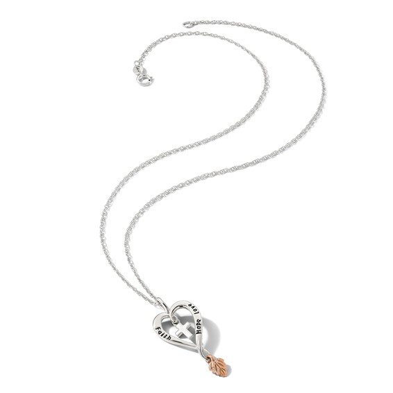 Landstrom's Mt. Rushmore Black Hills Sterling Silver 12K Gold Accents Antiqued FAITH HOPE LOVE Heart with Cross and Leaf Dangle 18 inch Spring Ring Clasp Necklace