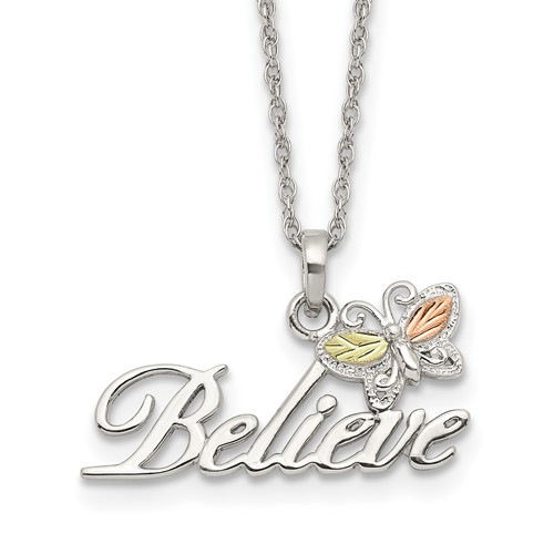 Landstrom's Mt. Rushmore Black Hills Sterling Silver 12K Gold Accents Believe Butterfly Spring Ring Clasp Necklace, 18"