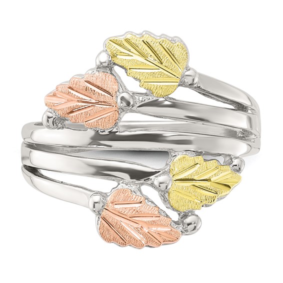 Sterling Silver Rhod-pltd w/12K Accents Black Hills Leaves Bypass Ring