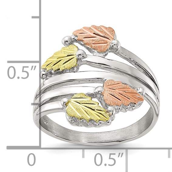 Sterling Silver Rhod-pltd w/12K Accents Black Hills Leaves Bypass Ring