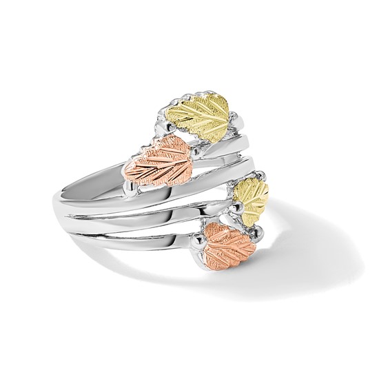 Sterling Silver Rhod-pltd w/12K Accents Black Hills Leaves Bypass Ring