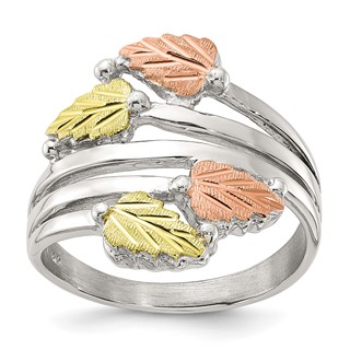 Sterling Silver Rhod-pltd w/12K Accents Black Hills Leaves Bypass Ring