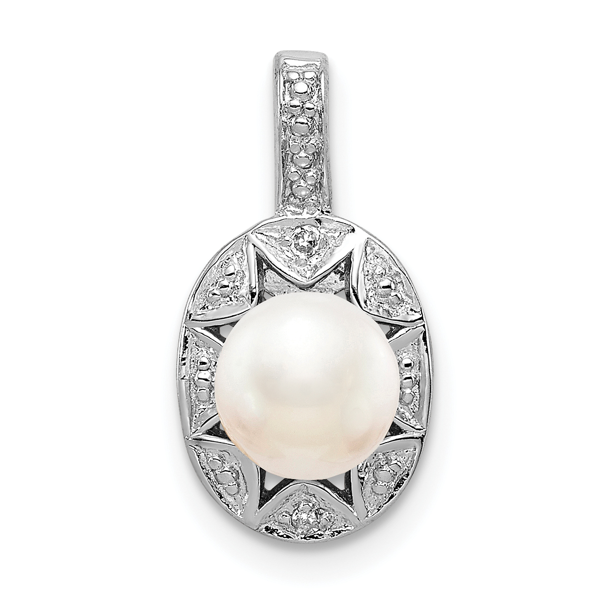 Sterling Silver Rhodium-plated Diam. & FW Cultured Pearl Pendant (QBPD10JUN)