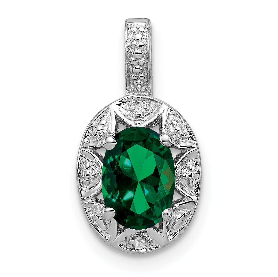 Sterling Silver Rhodium-plated Diam. & Created Emerald Pendant (QBPD10MAY)