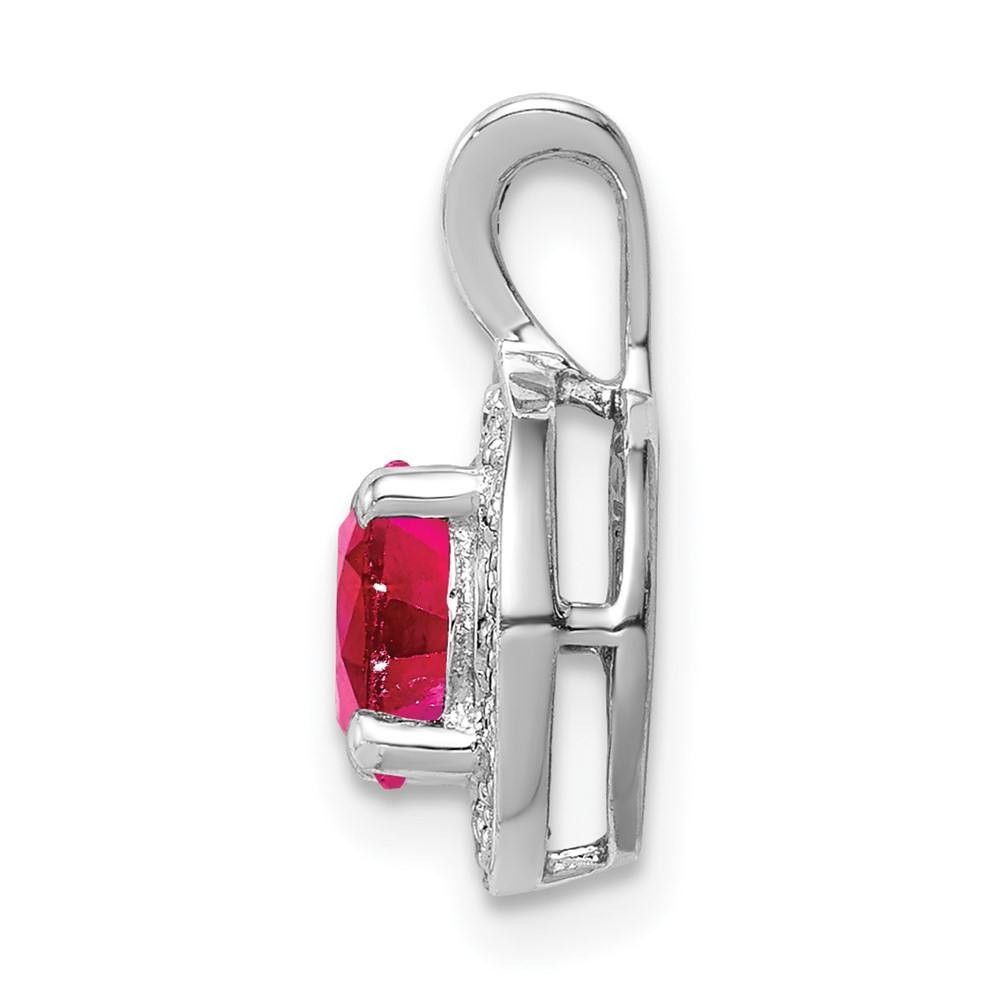 Sterling Silver Rhodium Plated Lab Created Ruby and .010 ctw Diamond Halo Pendant (QBPD11JUL)