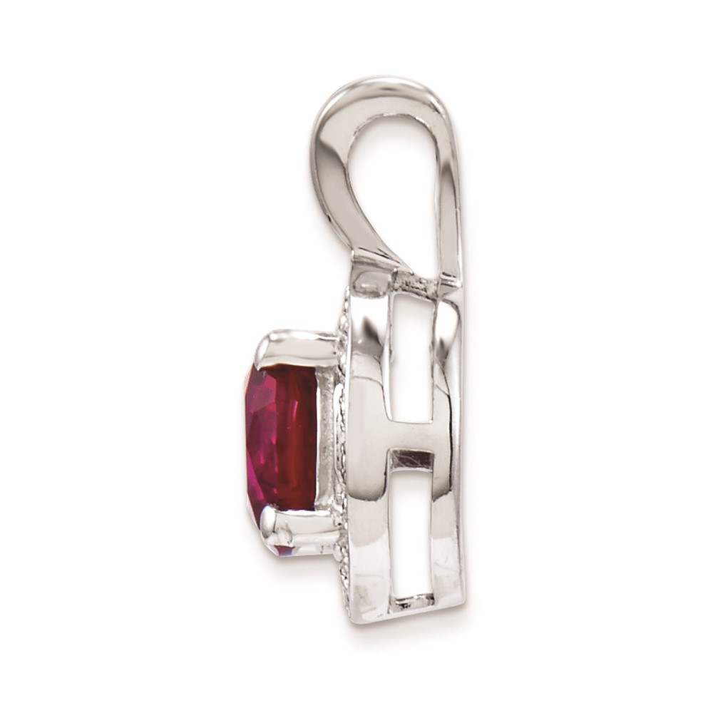 Sterling Silver Rhodium Plated Lab Created Ruby and .010 ctw Diamond Halo Pendant (QBPD11JUL)