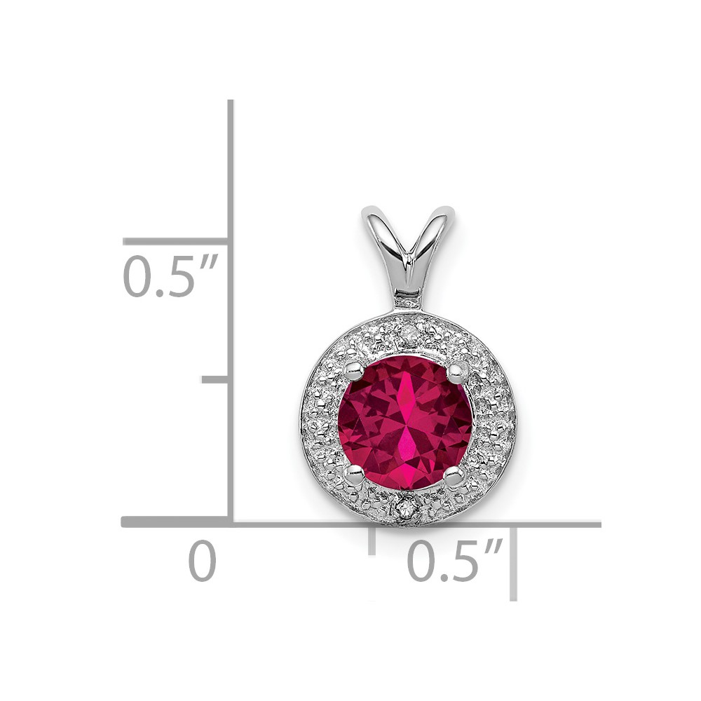 Sterling Silver Rhodium Plated Lab Created Ruby and .010 ctw Diamond Halo Pendant (QBPD11JUL)