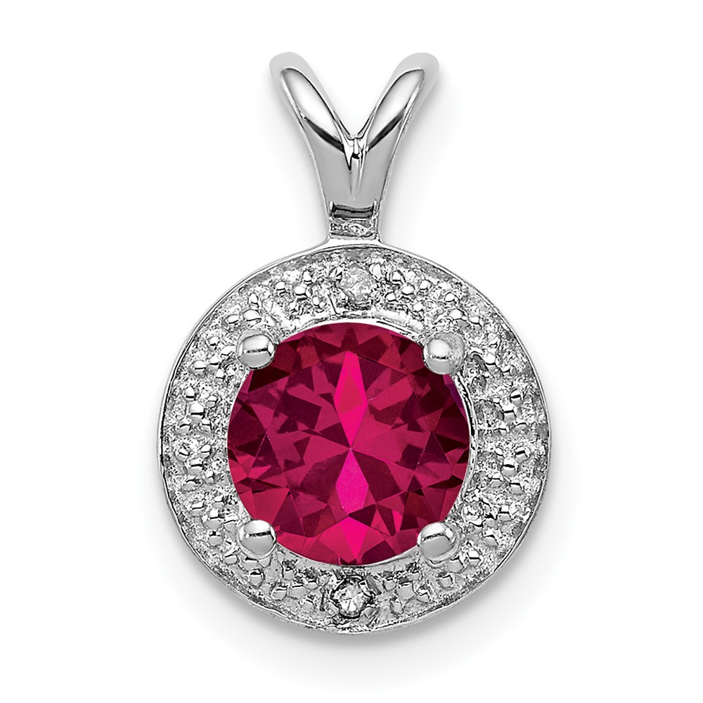 Sterling Silver Rhodium Plated Lab Created Ruby and .010 ctw Diamond Halo Pendant (QBPD11JUL)