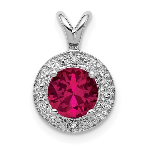 Sterling Silver Rhodium Plated Lab Created Ruby and.010 ctw Diamond Halo Pendant