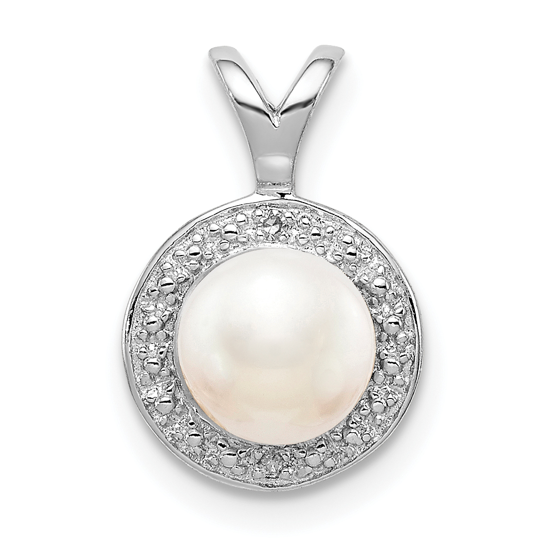 Sterling Silver Rhodium-plated Diam. & FW Cultured Pearl Pendant (QBPD11JUN)