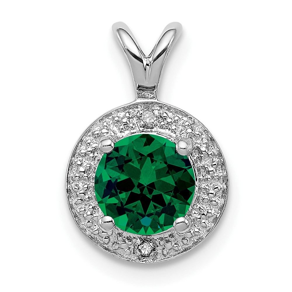 Sterling Silver Rhodium-plated Diam. & Created Emerald Pendant (QBPD11MAY)
