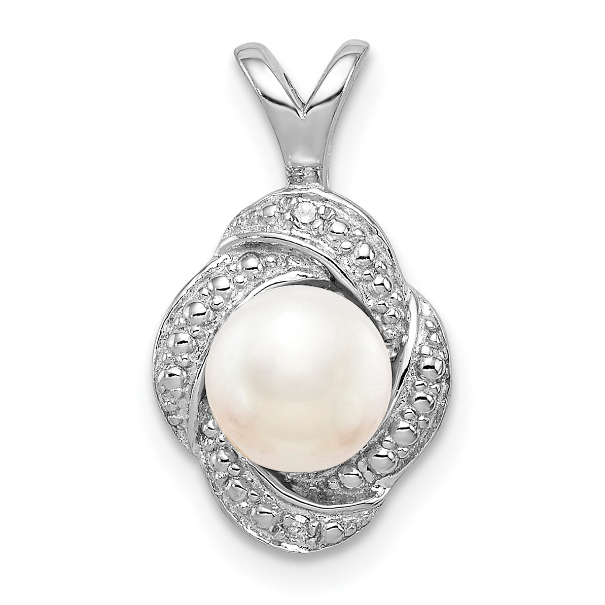 Sterling Silver Rhodium-plated Diam. & FW Cultured Pearl Pendant (QBPD12JUN)