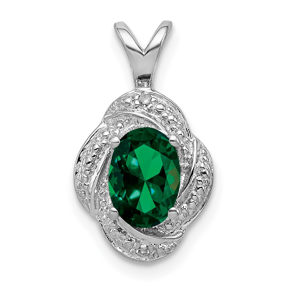 Sterling Silver Rhodium-plated Diam. & Created Emerald Pendant (QBPD12MAY)