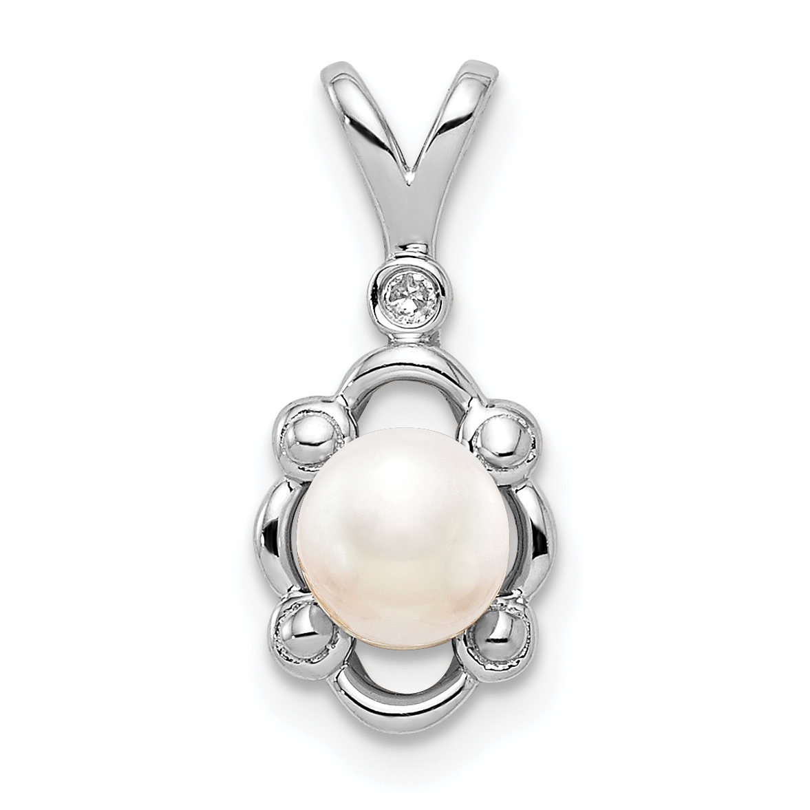 Sterling Silver Rhodium-plated FW Cultured Pearl & Diam. Pendant (QBPD21JUN)