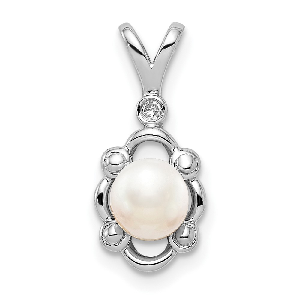 Sterling Silver Rhodium-plated FW Cultured Pearl & Diam. Pendant (QBPD21JUN)