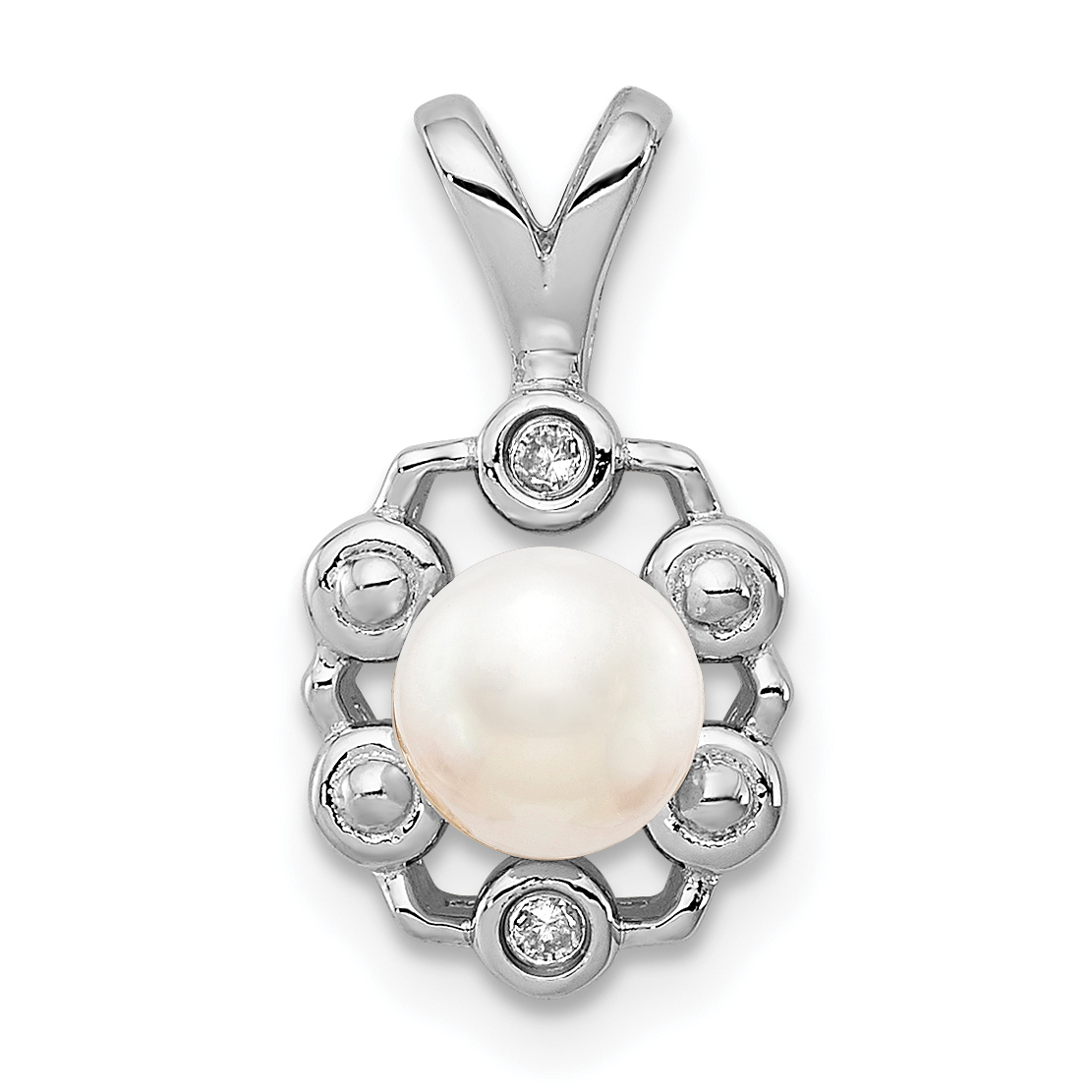 Sterling Silver Rhodium-plated FW Cultured Pearl & Diam. Pendant (QBPD22JUN)