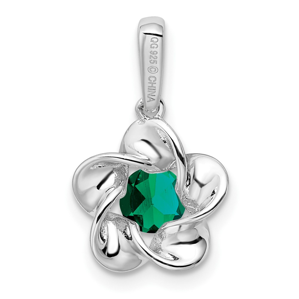 Sterling Silver Rhodium-plated Floral Created Emerald Pendant (QBPD31MAY)