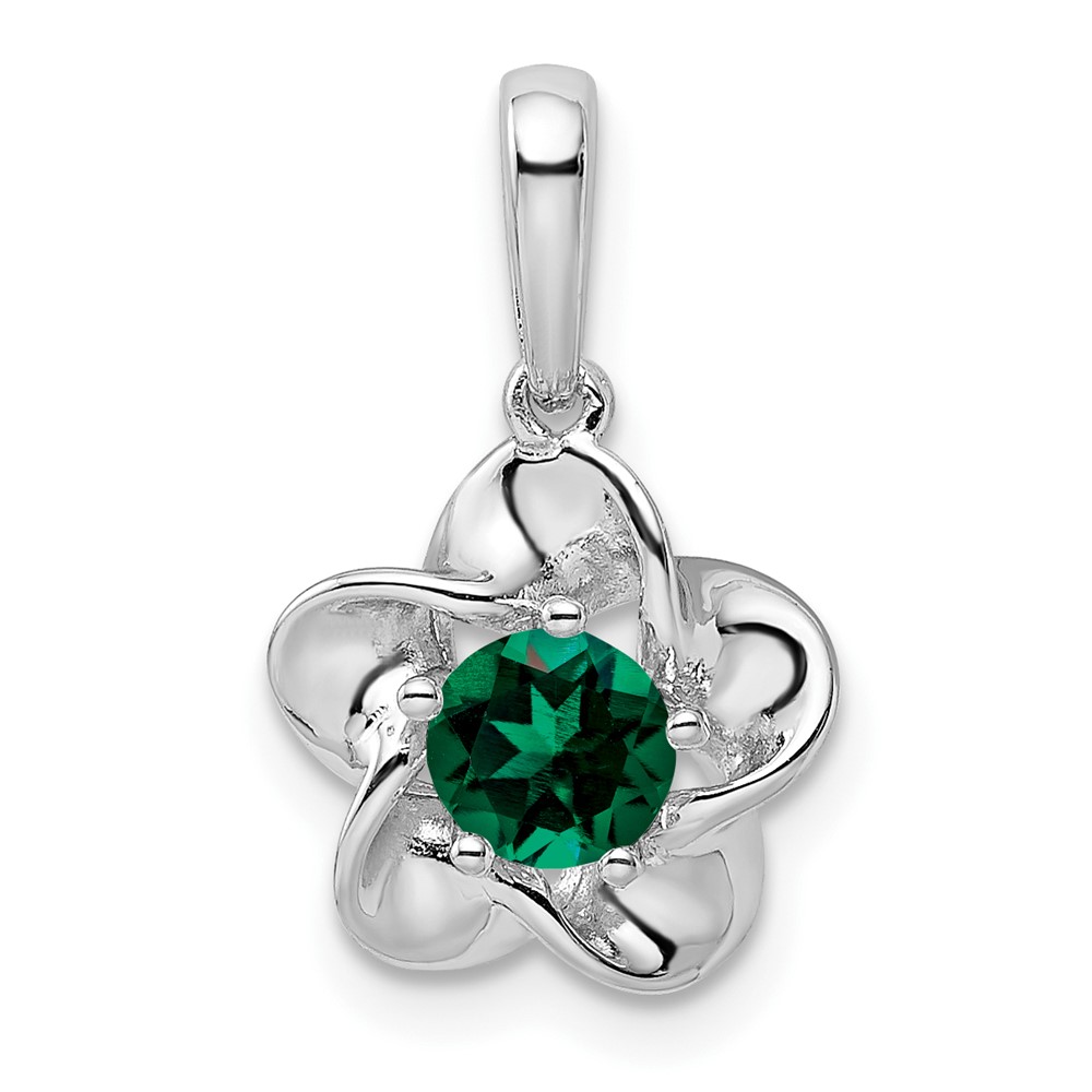 Sterling Silver Rhodium-plated Floral Created Emerald Pendant (QBPD31MAY)