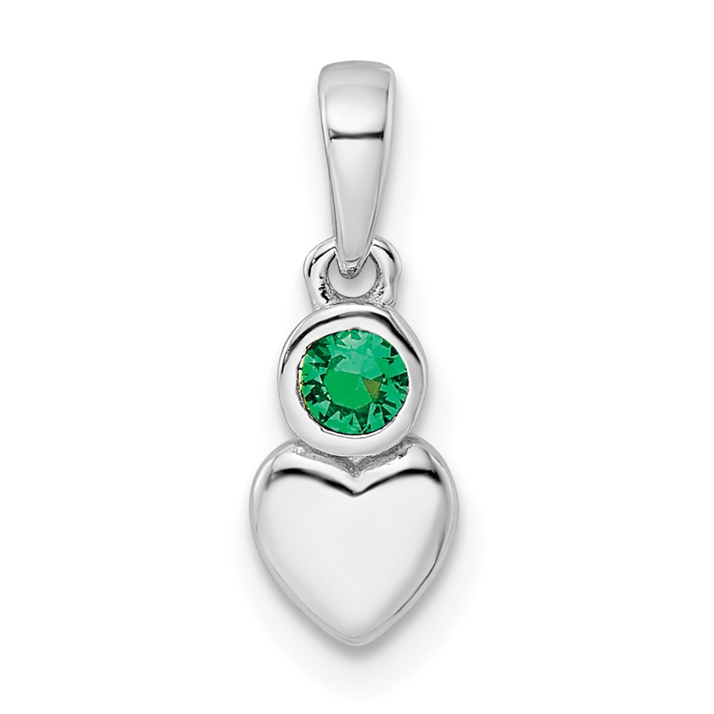 Sterling Silver Rhodium-plated Lab Created Emerald Heart Pendant (QBPD35MAY)