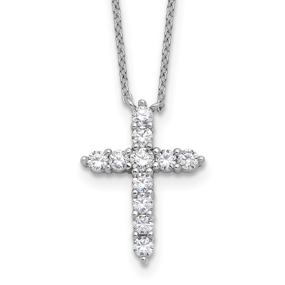 SS RH-plated CZ April Birthstone Cross 16in w/2in ext Necklace (QBPD36APR)