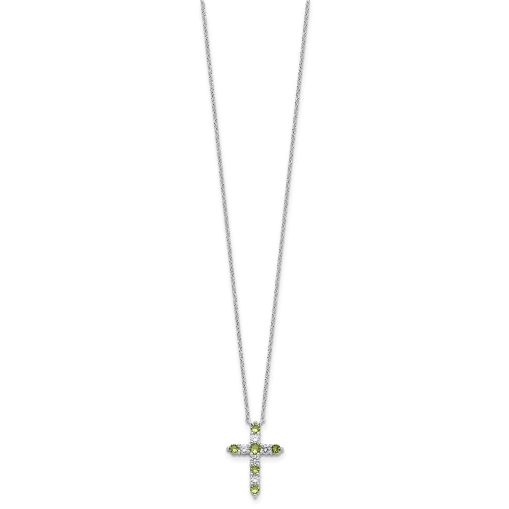 SS RH-plated Green CZ August Birthstone Cross w/2in ext Necklace (QBPD36AUG)