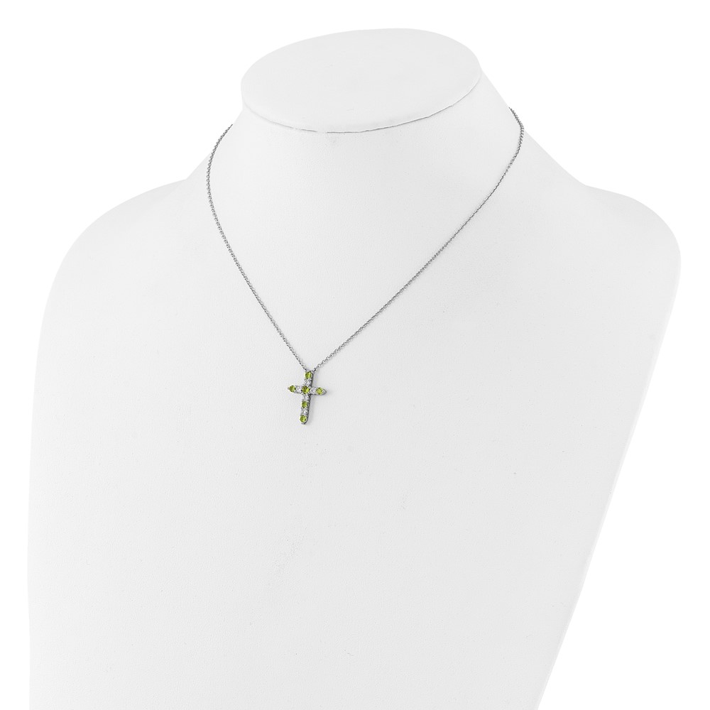SS RH-plated Green CZ August Birthstone Cross w/2in ext Necklace (QBPD36AUG)