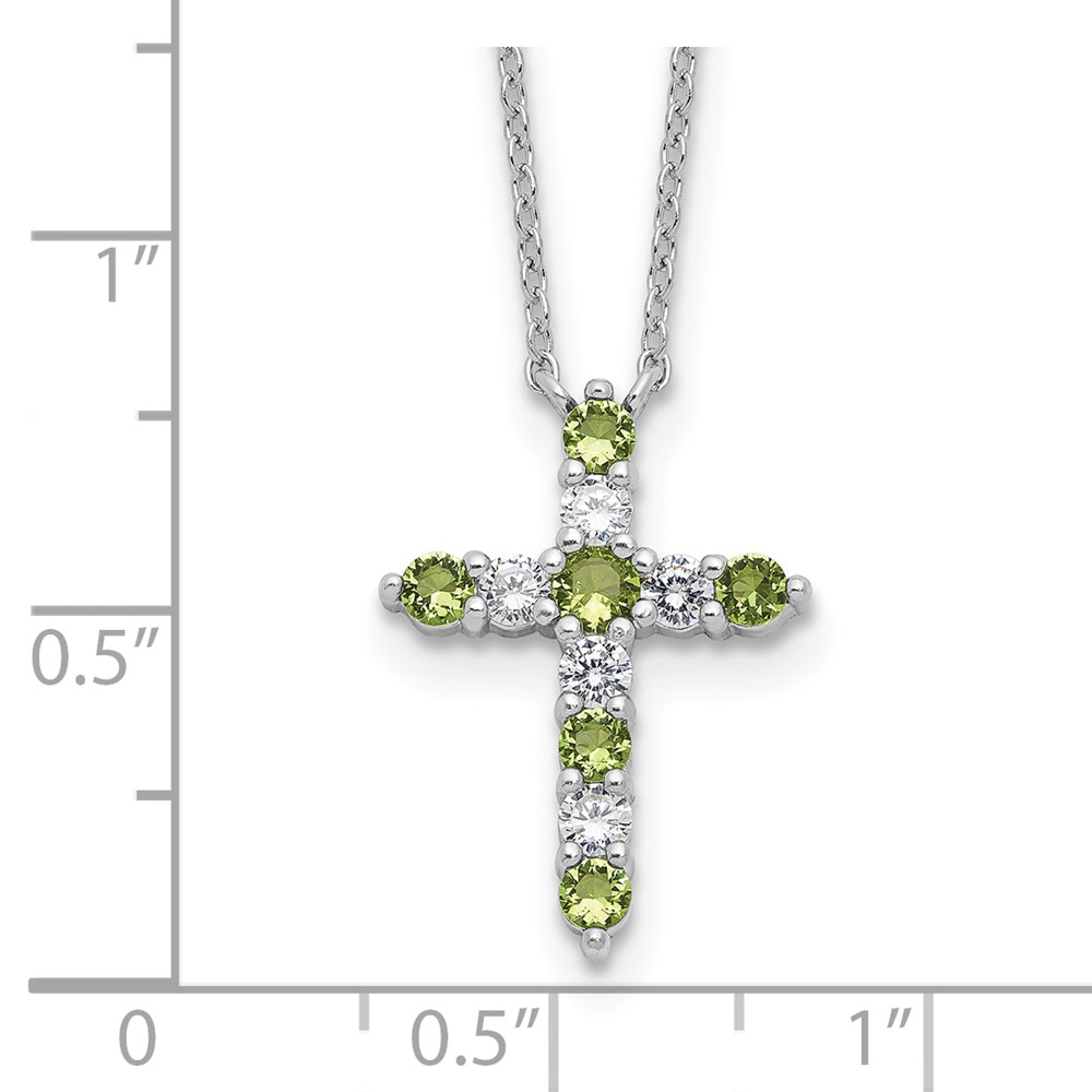 SS RH-plated Green CZ August Birthstone Cross w/2in ext Necklace (QBPD36AUG)