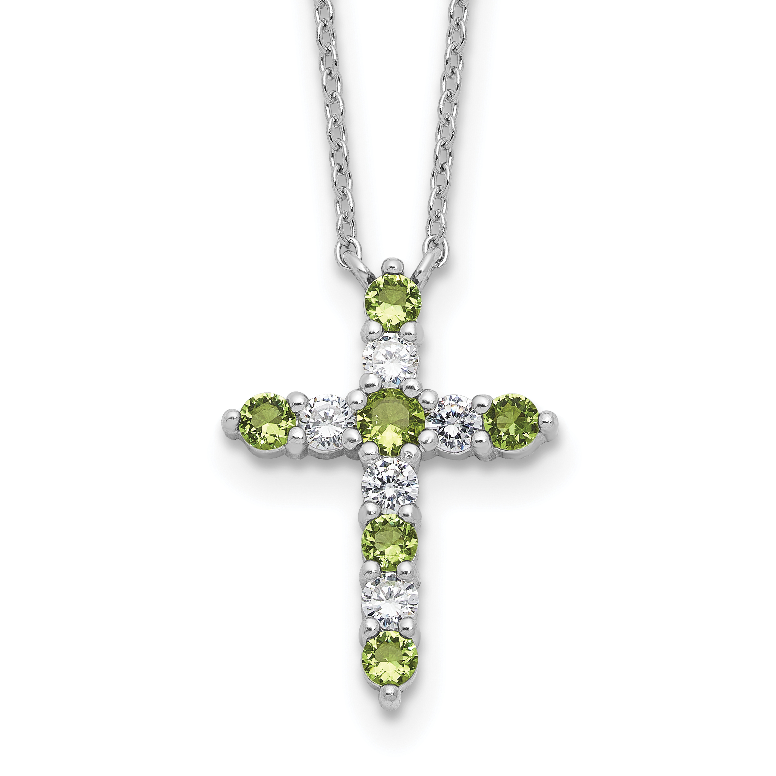 SS RH-plated Green CZ August Birthstone Cross w/2in ext Necklace (QBPD36AUG)