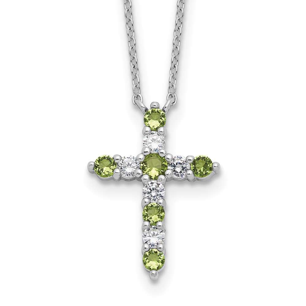 SS RH-plated Green CZ August Birthstone Cross w/2in ext Necklace (QBPD36AUG)