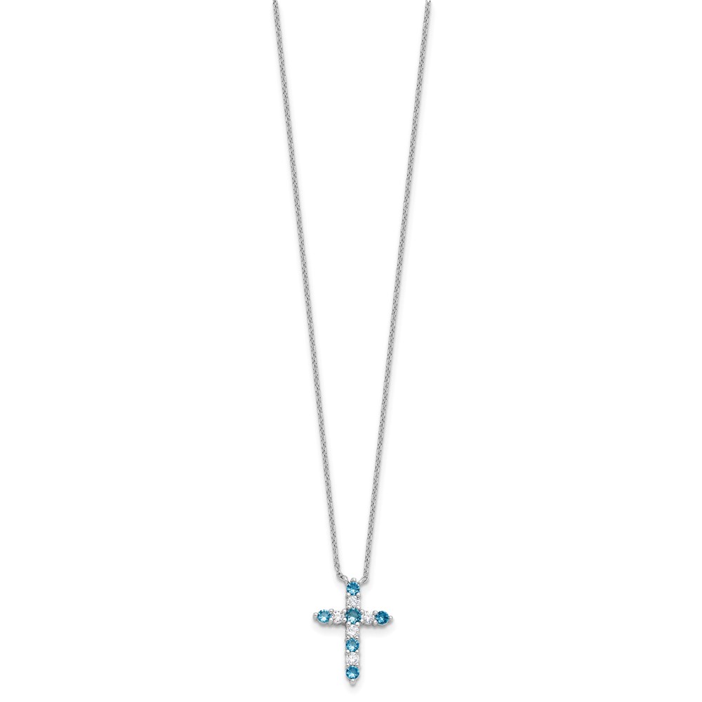 SS RH-plated Blue CZ December Birthstone Cross w/2in ext Necklace (QBPD36DEC)