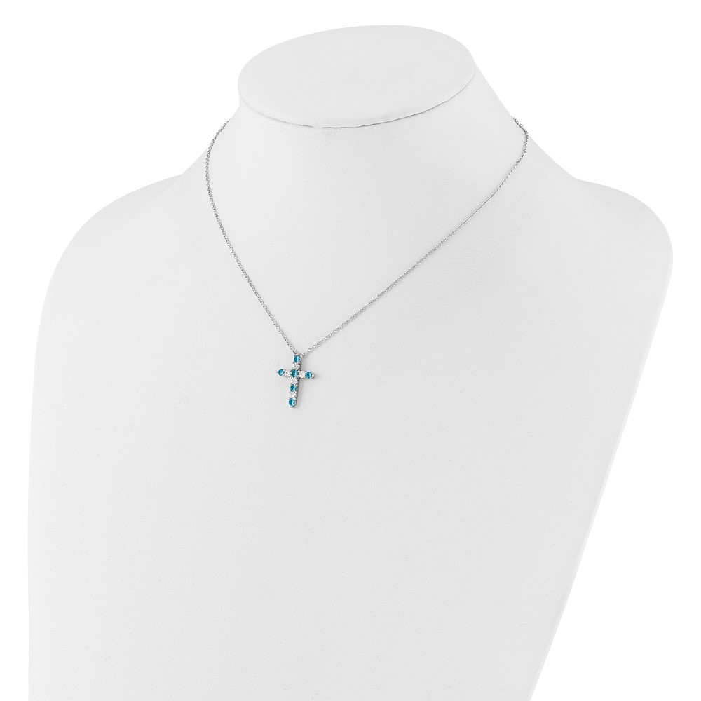 SS RH-plated Blue CZ December Birthstone Cross w/2in ext Necklace (QBPD36DEC)