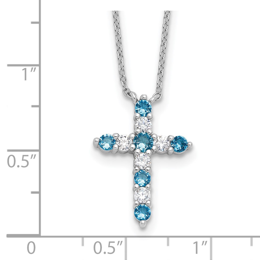 SS RH-plated Blue CZ December Birthstone Cross w/2in ext Necklace (QBPD36DEC)