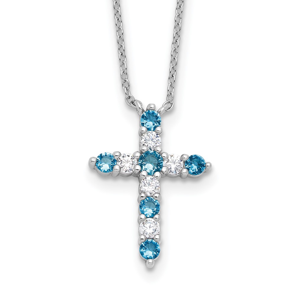 SS RH-plated Blue CZ December Birthstone Cross w/2in ext Necklace (QBPD36DEC)