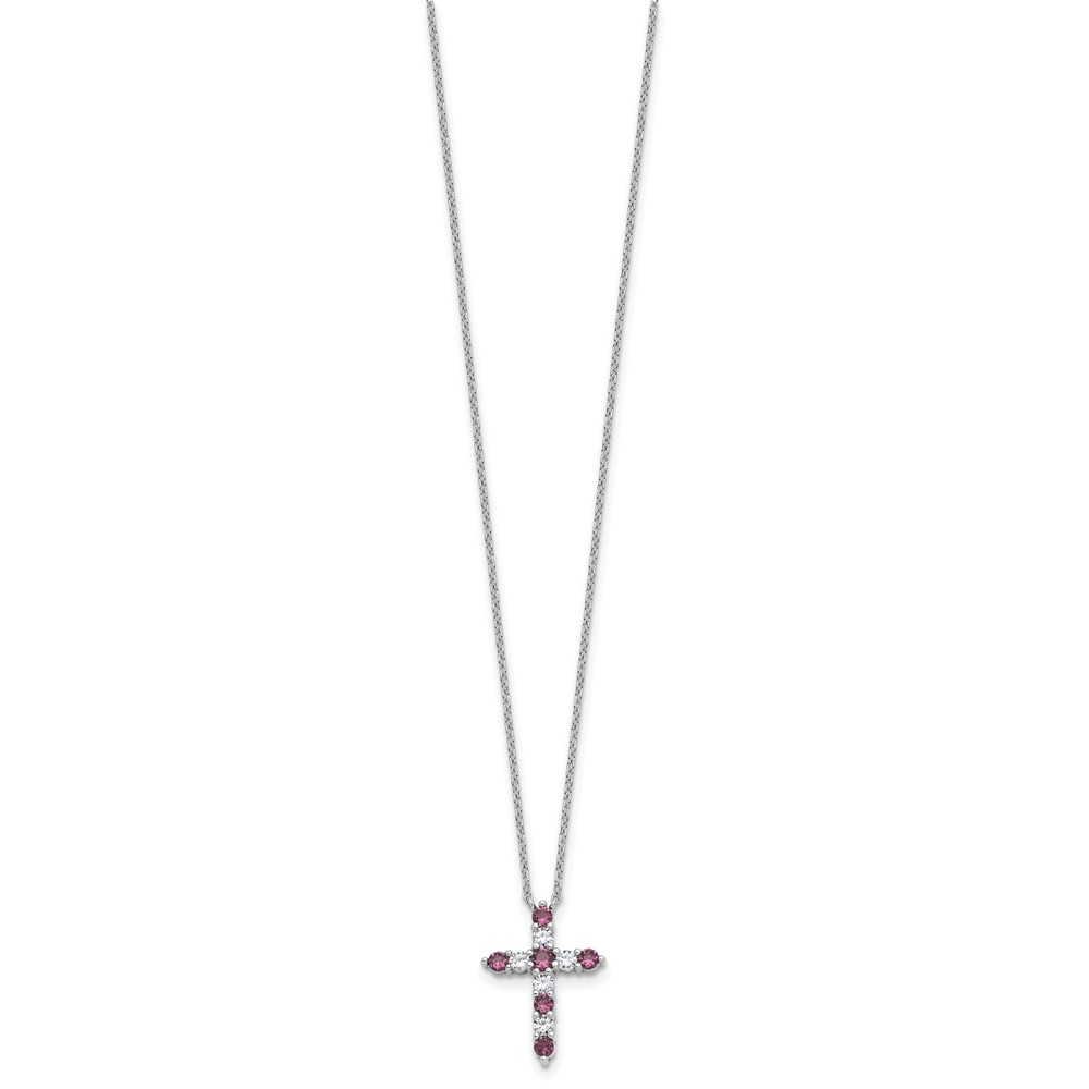 SS RH-plated Purple CZ February Birthstone Cross w/2in ext Necklace (QBPD36FEB)