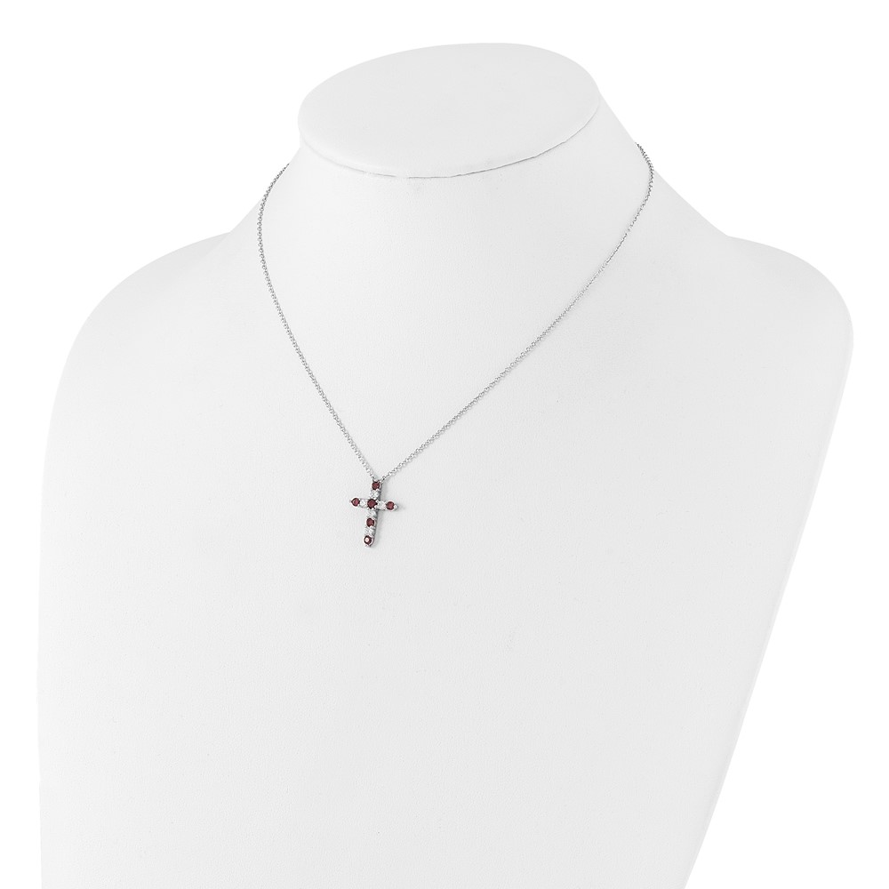 SS RH-plated Purple CZ February Birthstone Cross w/2in ext Necklace (QBPD36FEB)