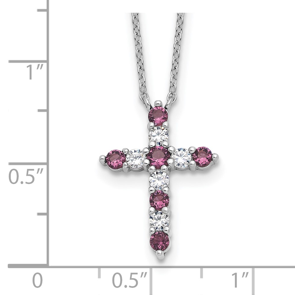 SS RH-plated Purple CZ February Birthstone Cross w/2in ext Necklace (QBPD36FEB)