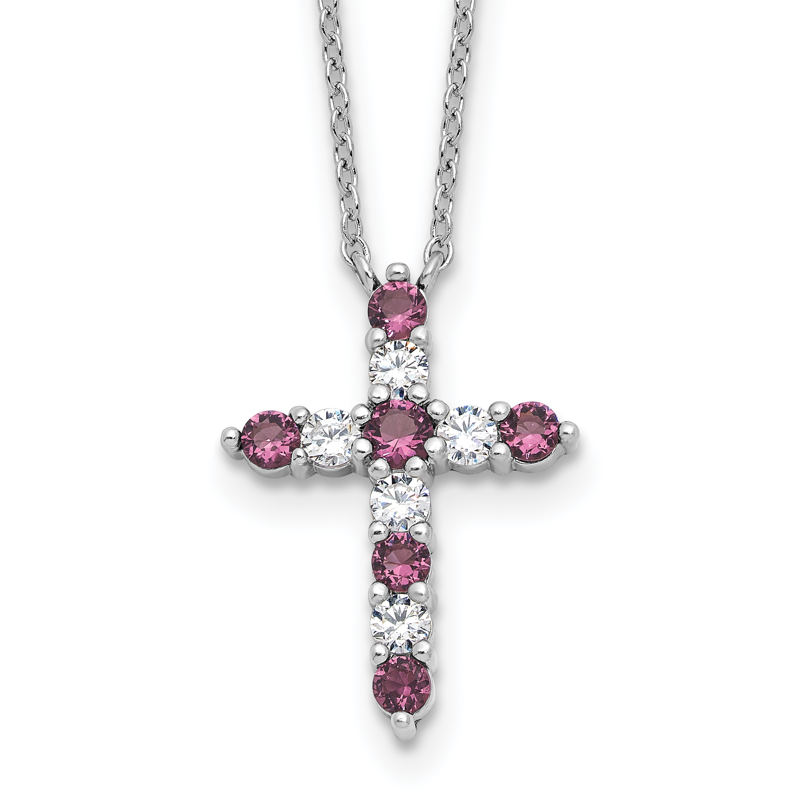 SS RH-plated Purple CZ February Birthstone Cross w/2in ext Necklace (QBPD36FEB)