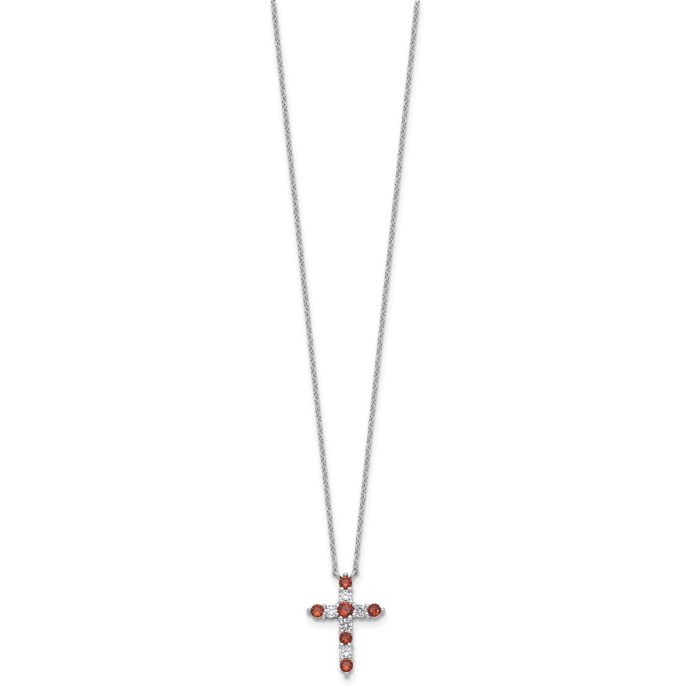 SS RH-plated Red CZ January Birthstone Cross w/2in ext Necklace (QBPD36JAN)